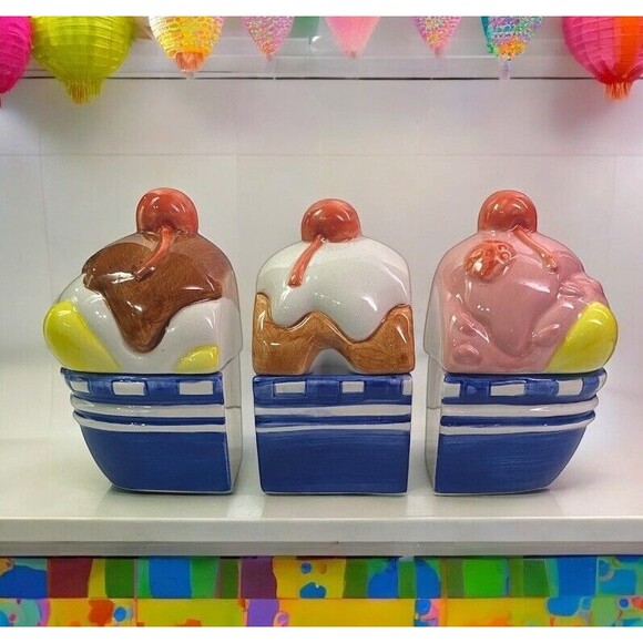 Banana Split Trinket Box Ceramic Ice Cream Sundae Jar 6 Piece Set RARE - Picture 1 of 16